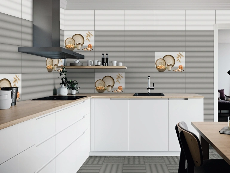 L shape kitchen design with white cabinets, wood countertops, and a patterned backsplash.